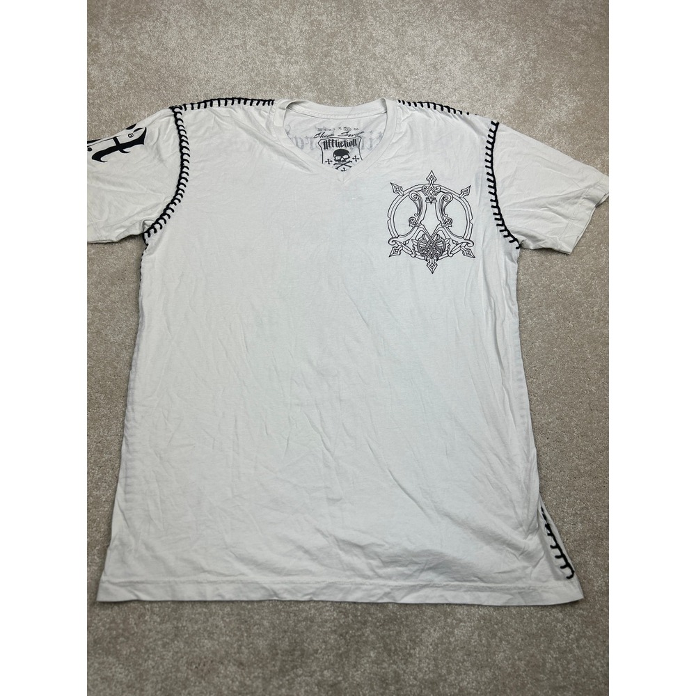 Affliction Chaos Series Mens 2XL T-Shirt White Skull Graphic Whipstitch Made USA